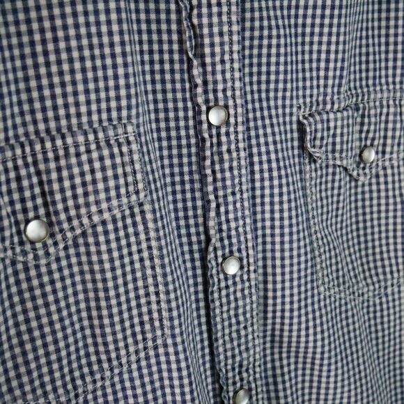 Banana Republic Men's Size L Pearl Snap Plaid Blue Short-Sleeve Button Down - Picture 5 of 12